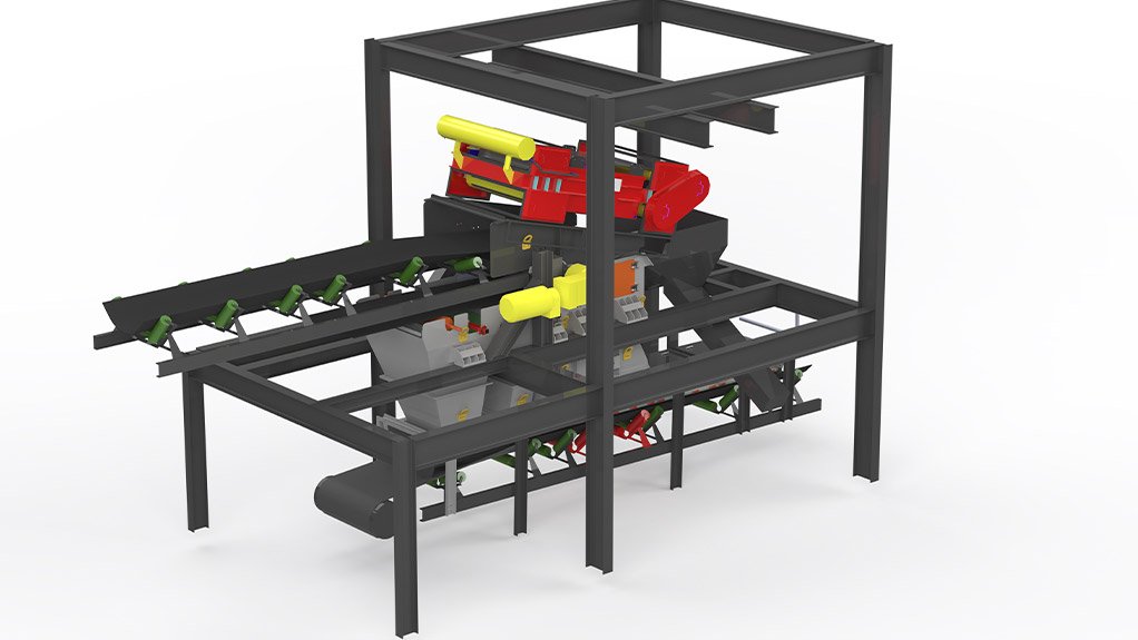 Rendered image of the sacrificial conveyor transferring material to the stockpile feed conveyor, showcasing Weba Chute Systems’ controlled flow design that minimises wear