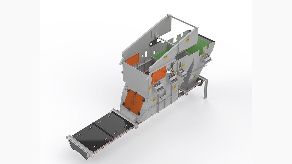 Alternate rendered perspective of the sacrificial-to-stockpile conveyor transfer point, underlining Weba Chute Systems’ focus on efficiency, durability and reduced maintenance downtime