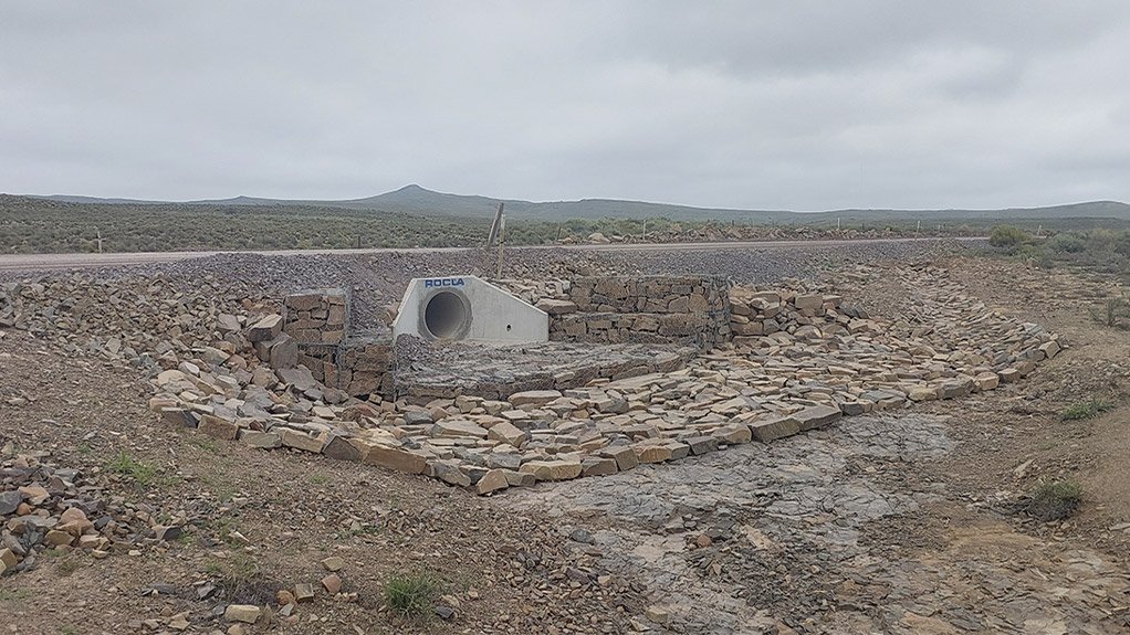 Pipe culvert with gabion baskets installed at the Karreebosch Wind Farm facility to ensure stable drainage and protect against erosion