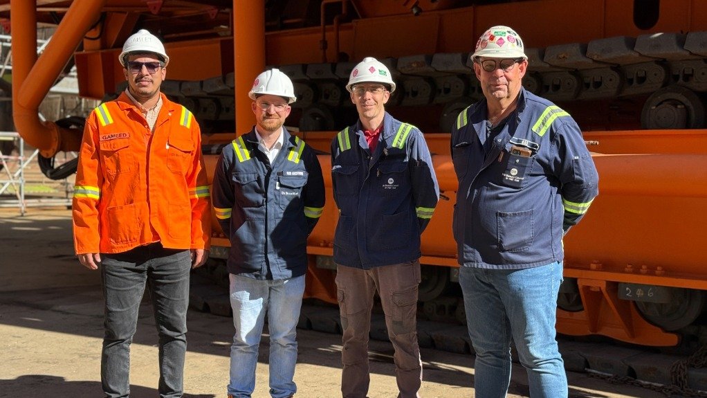 The Next Generation Crawler (NGC) team at Upstream Technology, from left: Abdul-Gameed Davids, Senior Workshop Engineering Officer; Rudi Agostinho, NGC Project Manager; Steven Smith, Senior Project Engineer; and Sebastian “Bas” van der Laer, Mining System Specialist. (Absent: Imraan Parker, Technology Development Manager)