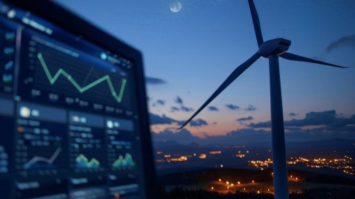 A tech tablet with graphs on in the foreground of a picture of a large wind turbine.