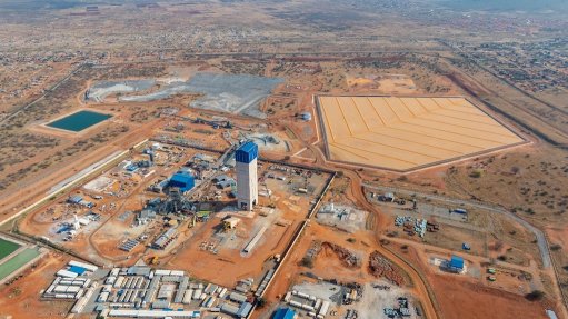 Aerial view of the Platreef Mine site, with Shafts #1, #2 and #3 (centre), the run of mine surface stockpiles (top left) and the dry stack tailings facility (top right).