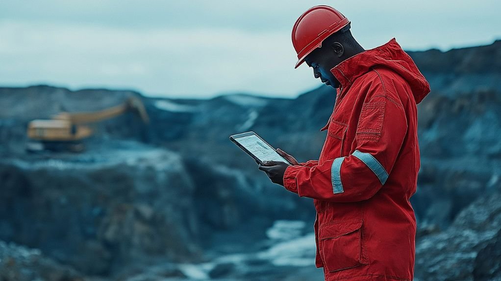 Mine worker looks at tablet with infographic