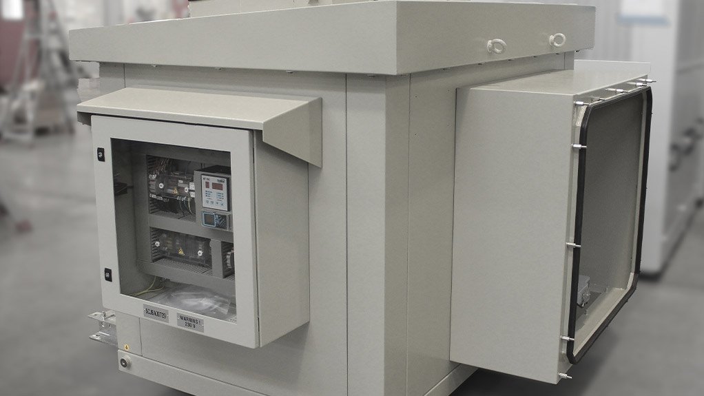 An outdoor-rated enclosure fitted with cable boxes contains an air-naturally-cooled cast resin transformer suited to heavy-duty industrial applications
