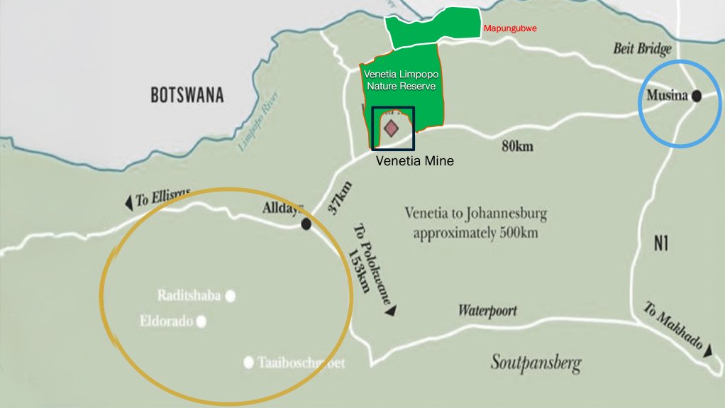 The mine, Venetia Limpopo Nature Reserve, and Mapungubwe National Park.