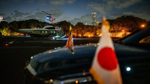 President Donald Trump, on board Marine One, lands at Hardy Barracks in Tokyo, Japan.