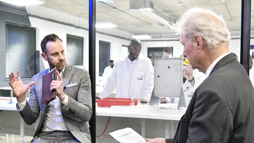 AIE CEO Leon Smalberger (left) interviewed by Engineering News & Mining Weekly’s Martin Creamer.