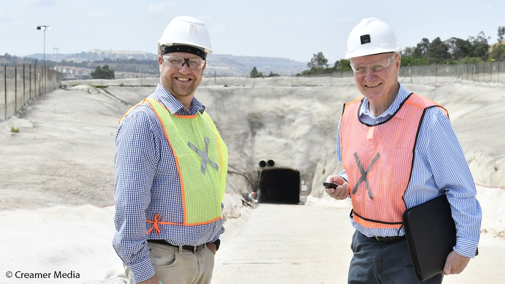 West Wits Mining CEO Rudi Deysel (left) at decline with Mining Weekly's Martin Creamer.