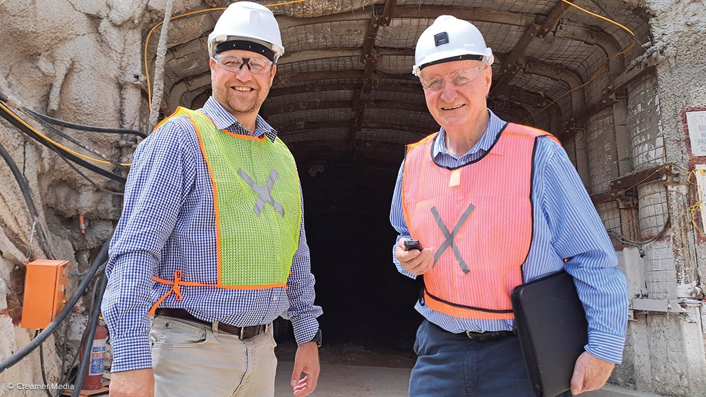 West Wits Mining CEO Rudi Deysel (left) at decline entrance with Mining Weekly's Martin Creamer.