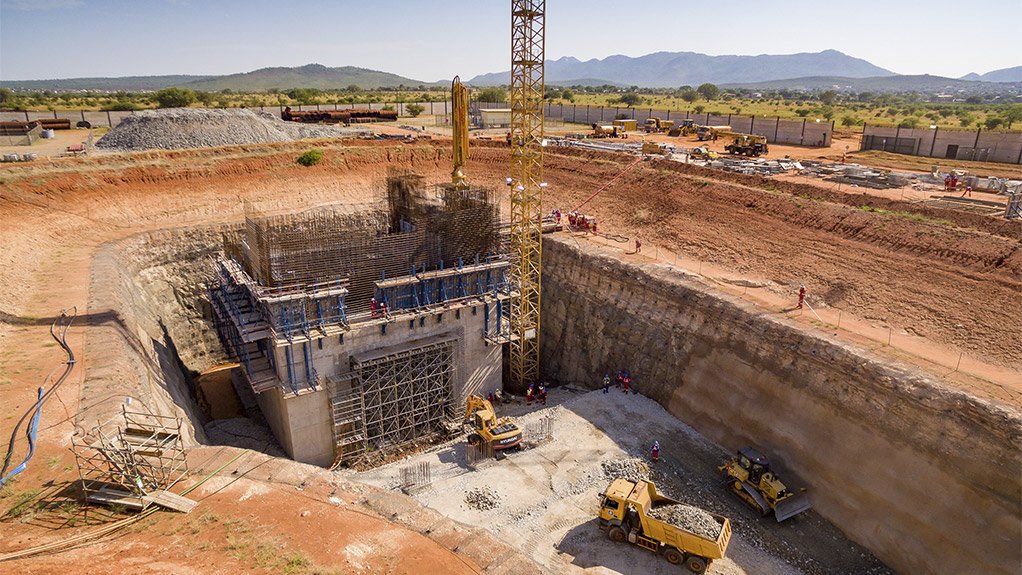 The Ivanplats Shaft 2 box cut is shown here prior to construction of the permanent headgear, with careful planning to ensure a safe foundation for future operations