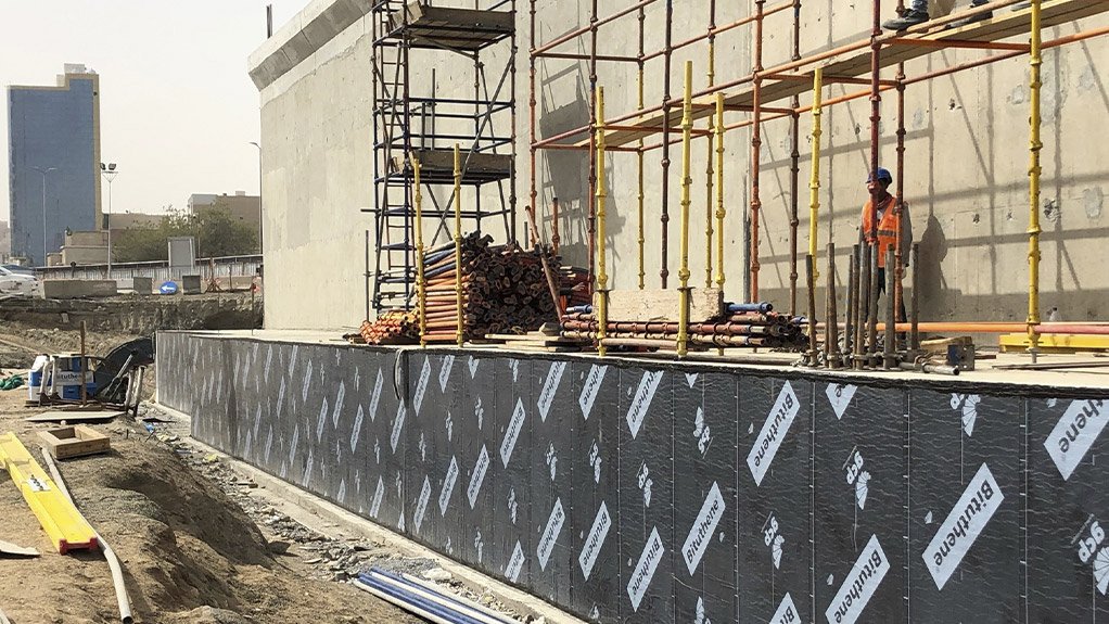 BITUTHENE® membrane applied to a basement wall, ready for cold installation