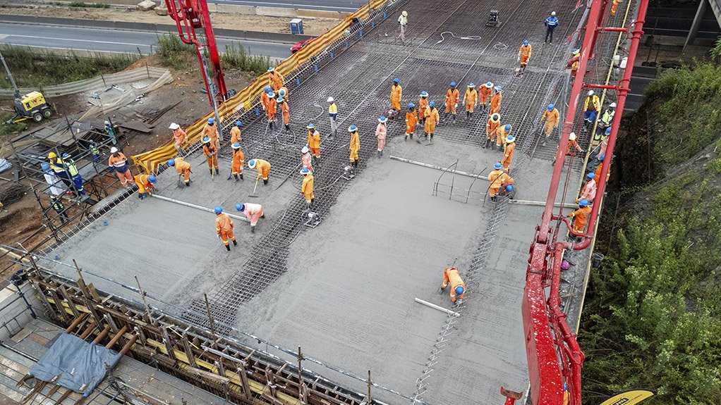 Due to the dense steel reinforcement, a concrete slump of 100 to 110mm was essential to achieve the required workability on the Market Road Bridge in Pietermaritzburg