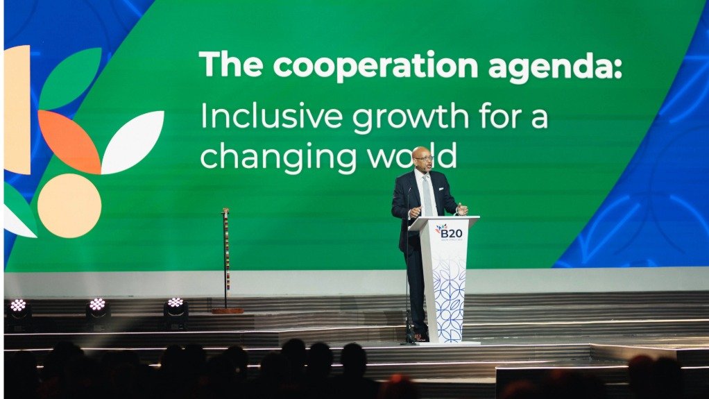 An image of International Finance Corporation Africa VP Ethiopis Tafara delivering the keynote address at the B20 Summit 