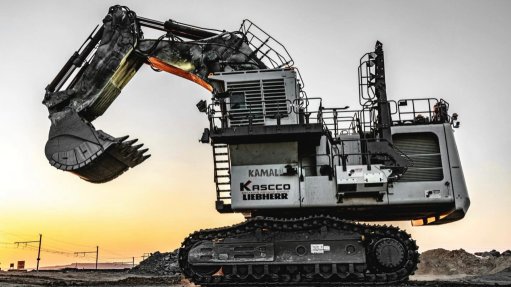 A R 9350 300 t excavator designed by Liebherr on site in Zambia at sunset