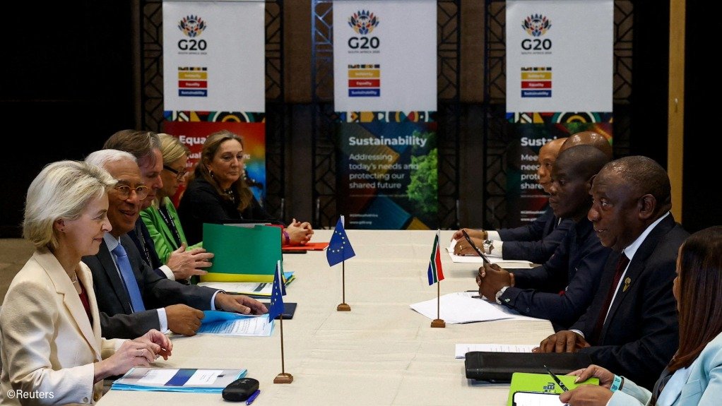European Commission president Ursula von der Leyen and European Council president Antonio Costa (left) met with South African President Cyril Ramaphosa and other delegates on November 20.