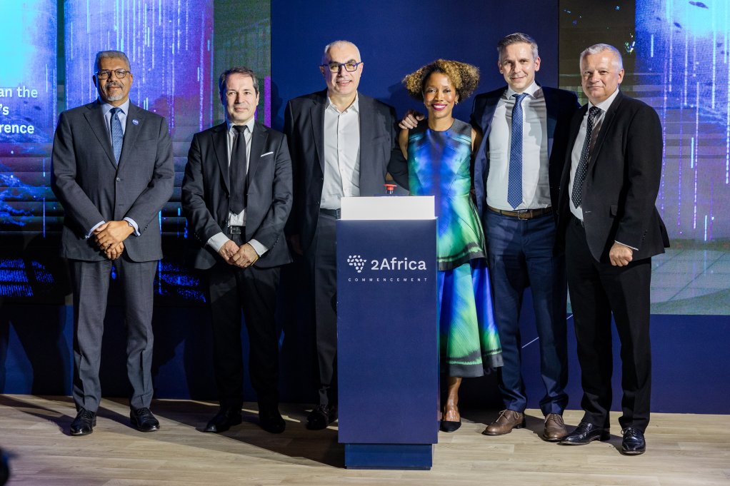 Image of L-R: Paul Gabla; Phillippe Mendribil; Mazen Mroue; Alex Aime; Dejan Kastelic; and Chris Wood during the light up ceremony of the 2Africa Subsea Cable System