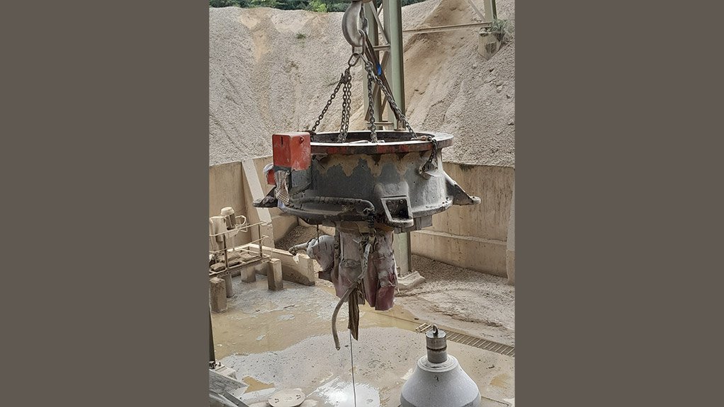 The bottom shell of the old crusher is being removed to make way for the installation of the new Sandvik CH865i cone crusher supplied by Sandvik Rock Processing
