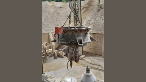 The bottom shell of the old crusher is being removed to make way for the installation of the new Sandvik CH865i cone crusher supplied by Sandvik Rock Processing