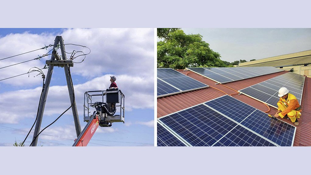 Image of rooftop solar and a technician working on a power line