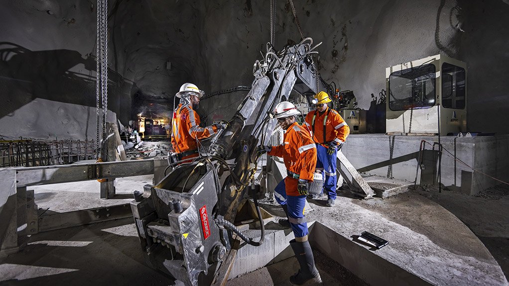 Cementation Africa equips critical underground tips with rock breakers to efficiently manage oversized material and keep tipping operations running safely and smoothly after each truck load