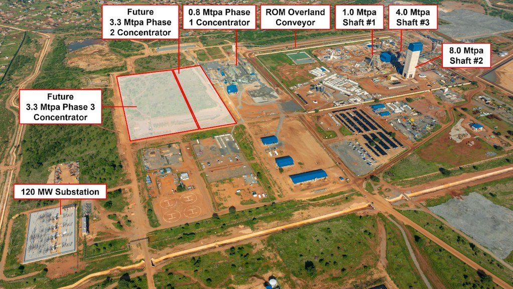 Aerial view of the Platreef Mine site, showing the current Phase 1 concentrator, shaft headframes and associated surface infrastructure, as well as an outline of the locations for the future Phase 2 and 3 concentrators.  