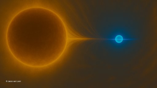 Artist’s impression (not to scale) of WOH G64 (left) being approached by its smaller (blue) companion star (image enhanced using AI systems)