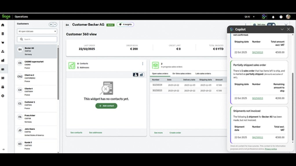 Image of a page of Sage Copilot in Sage Operations  software programme on a computer screen 