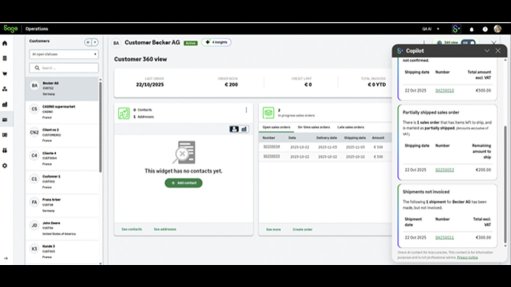Image of a page of Sage Copilot in Sage Operations  software programme on a computer screen 