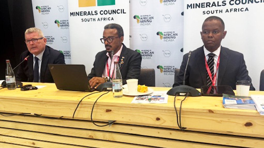 Minerals Council president Paul Dunne, CEO Mzila Mthenjane and acting chief economist Bongani Motsa at Mining Indaba.