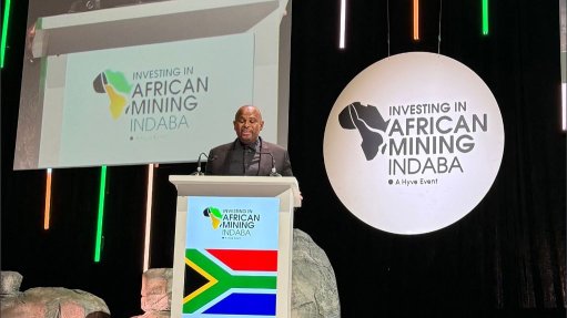 Loyiso delivering a presentation at a podium at Investing in Africa Mining indaba