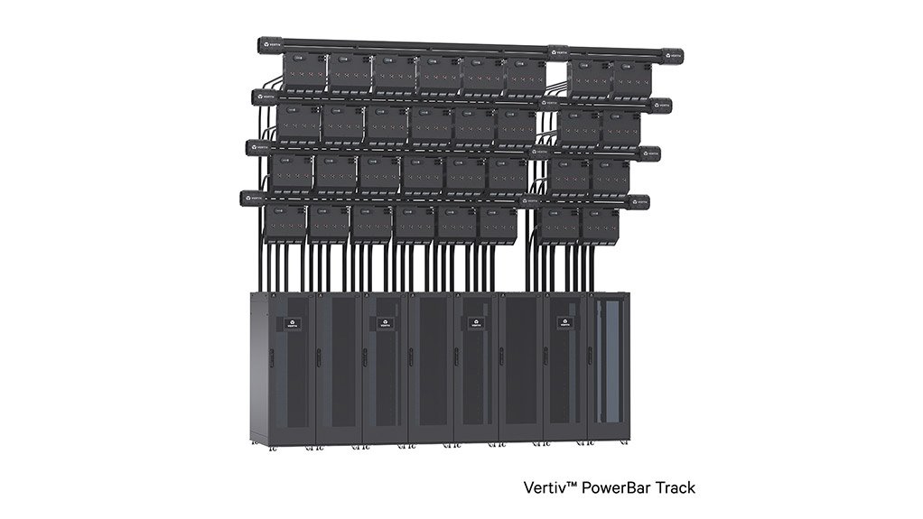 The Vertiv™ PowerBar Track double stack configuration delivers flexible overhead power distribution for modern compute environments
