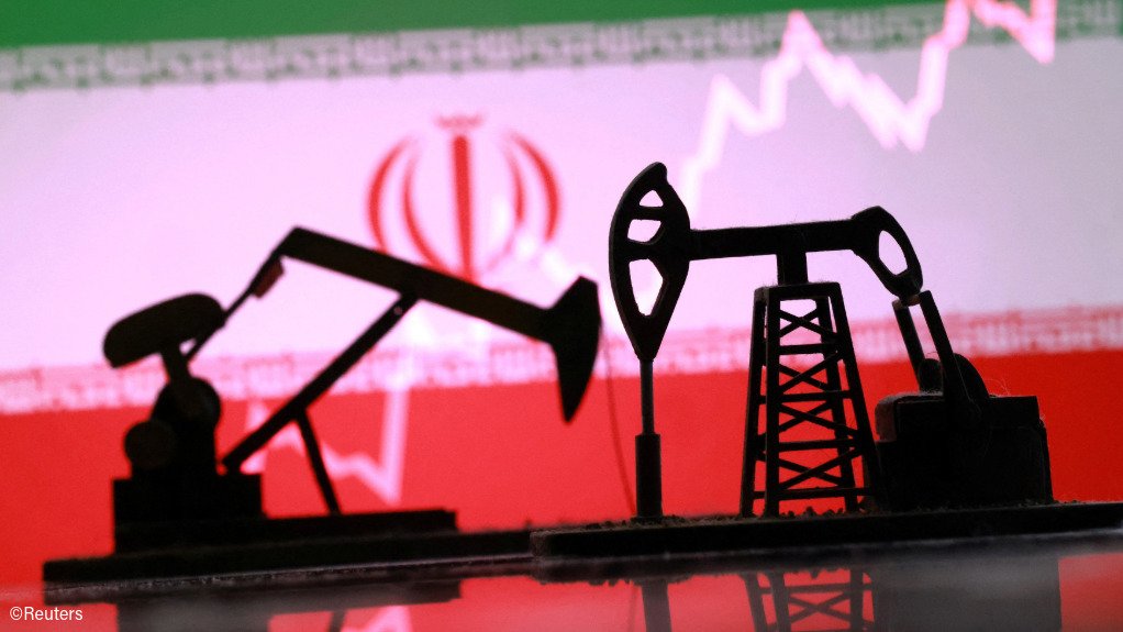 Illustration showing 3D-printed oil pump jacks, the Iranian flag and a rising stock graph