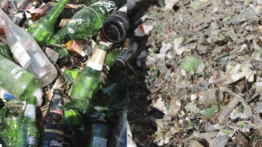 Image of discarded glass bottles and crushed glass 