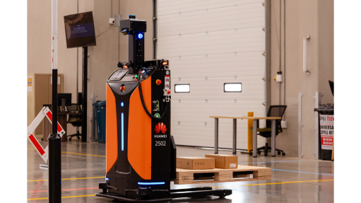An image of an automated guided forklift in a warehouse facility