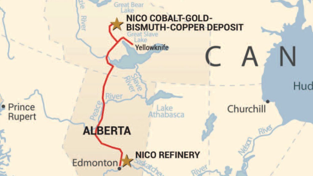 A map showing the location of the NICO mine and the NICO refinery