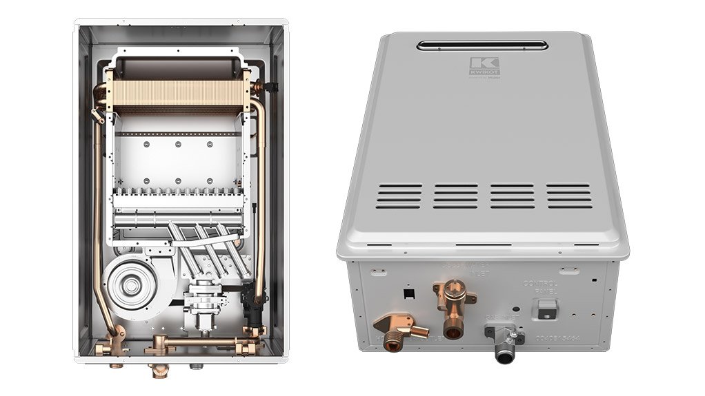 Image of the outside and inside of a Kwikot Sirius gas water heater