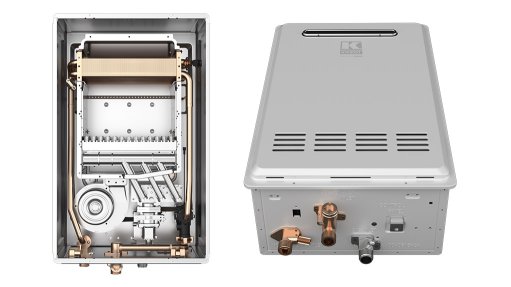 Image of the outside and inside of a Kwikot Sirius gas water heater