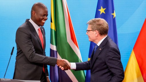International Relations and Cooperation Minister Ronald Lamola shaking hands with Germany's Foreign Affairs Minister Johann Wadephul