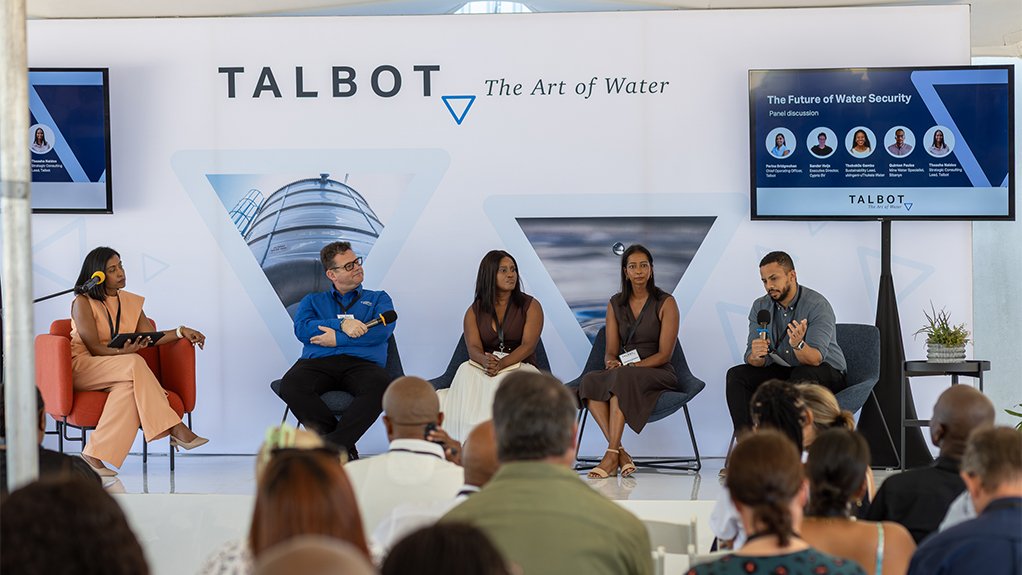 Talbot COO Perina Bridgmohan facilitates a panel discussion on the Future of Water Security with panellists Sander Heijs (Cyprio BV), Thobekile Gambu (uMngeni-uThukela Water), Theasha Naidoo (Talbot), and Quinton Paulse (Sibanye).