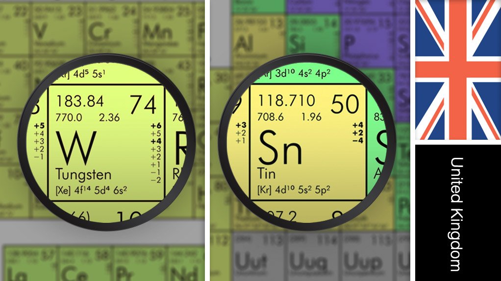 Image of UK flag and periodic table symbols for tungsten and tin