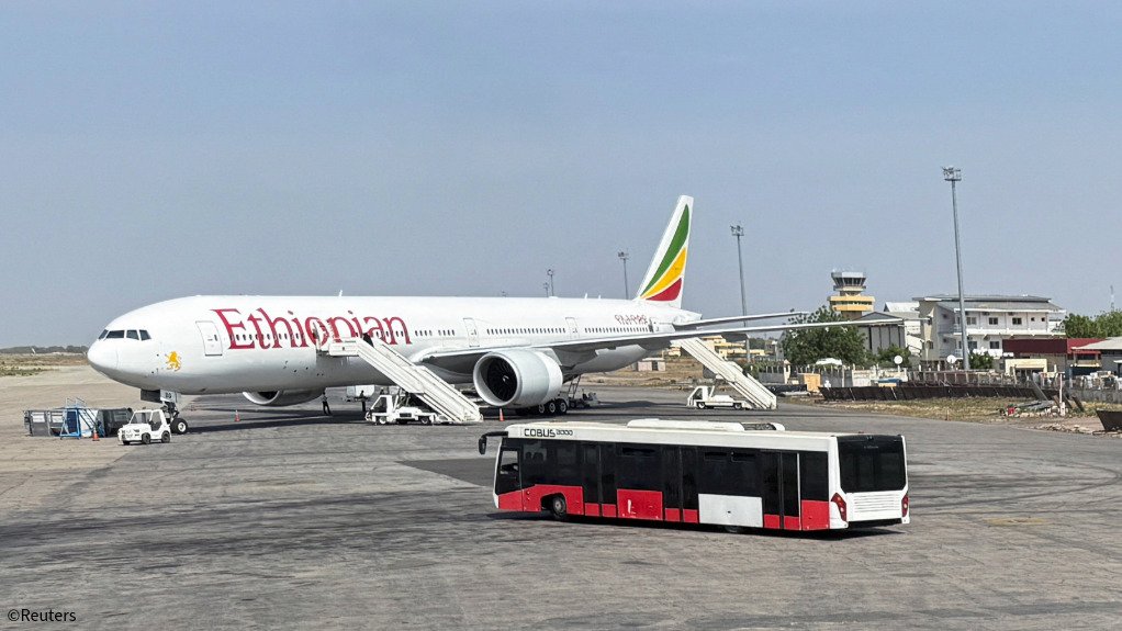 An Ethiopian Airlines-branded aeroplane on the tarmac at an airport
