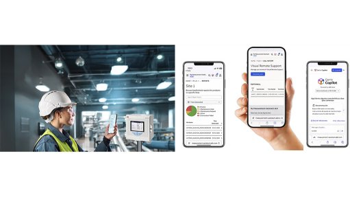 Image of a technician holding a mobile phone and image of mobile phones displaying app.