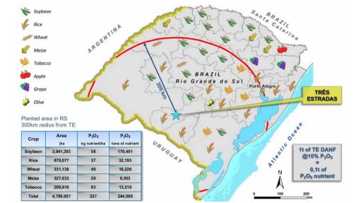 A map showing the location of the Tres Estradas project and the crops grown in the region