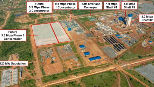 Aerial view of the Platreef mine site, showing the existing surface infrastructure, as well as an outline of the locations for the future Phase 2 and 3 concentrators, adjacent to the current Phase 1 concentrator.