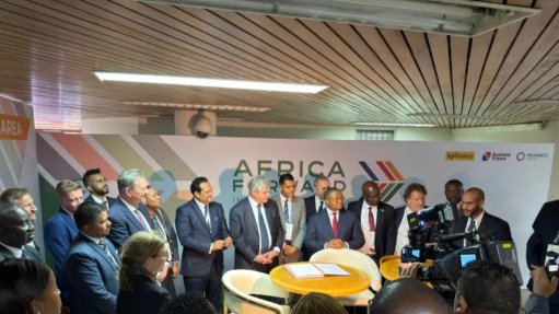 Representatives from the 17 partner institutions at the signing of a declaration of intent, at the Business Forum of the Africa Forward Summit in Nairobi, Kenya