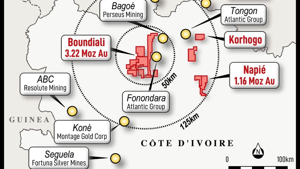 A map indicating the location of the Boundiali gold project in Côte d'Ivoire