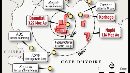 A map indicating the location of the Boundiali gold project in Côte d'Ivoire