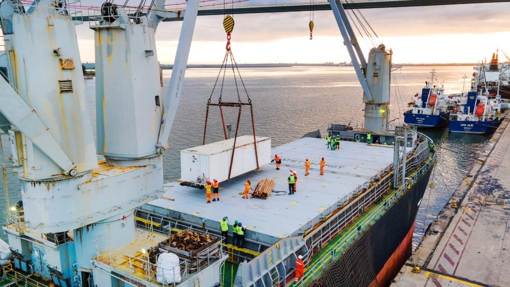 An image of a logistics channel for a ship transporting modular buildings and containers