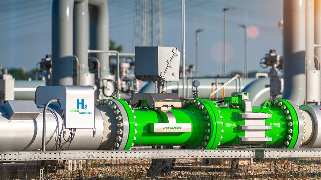 A green hydrogen pipeline distribution unit at an energy facility, forming part of the emerging zero-carbon energy supply chain.