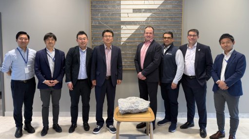 Represenatives from Hanwha and Frontier Lithium at a visit to Frontier's offices are (from left) Tomotaka Kawabata, Susumu Okabe, Byeong Joong Kim, Woo-young Chang, Trevor Walker, Erick Underwood, Greg Da Re and Takahiro Kume.